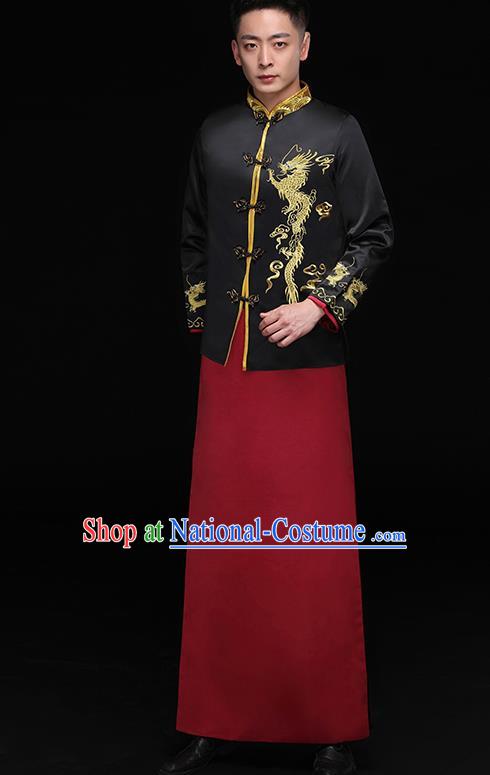 Chinese Traditional Bridegroom Embroidered Golden Dragons Costume Ancient Tang Suit Black Clothing for Men