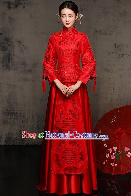 Chinese Traditional Embroidered Xiuhe Suit Red Toast Cheongsam Ancient Phoenix Bottom Drawer Wedding Dress for Women