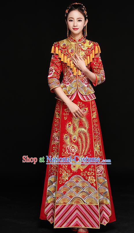 Chinese Traditional Embroidered Phoenix Xiuhe Suit Ancient Bottom Drawer Wedding Dress for Women