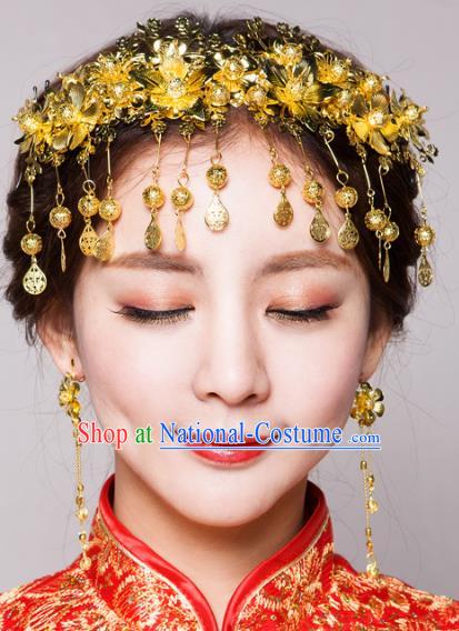 Chinese Traditional Wedding Golden Hair Accessories Bride Hairpins Headwear for Women