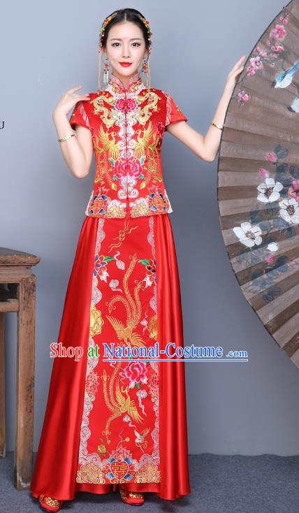 Chinese Traditional Xiuhe Suit Embroidered Blue Peony Longfeng Flown Ancient Bottom Drawer Wedding Dress for Women