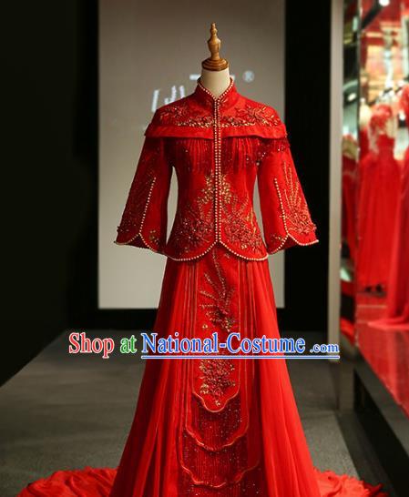 Chinese Traditional Wedding Xiuhe Suit Ancient Longfeng Flown Bride Embroidered Red Dress for Women