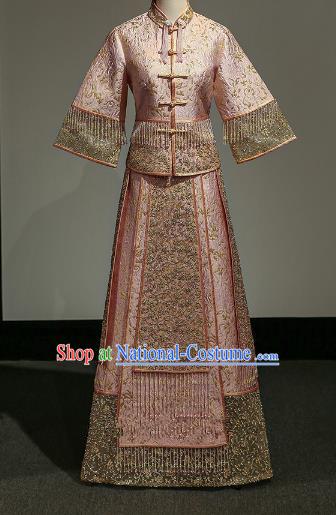 Chinese Traditional Wedding Xiuhe Suit Ancient Longfeng Flown Bride Embroidered Pink Dress for Women