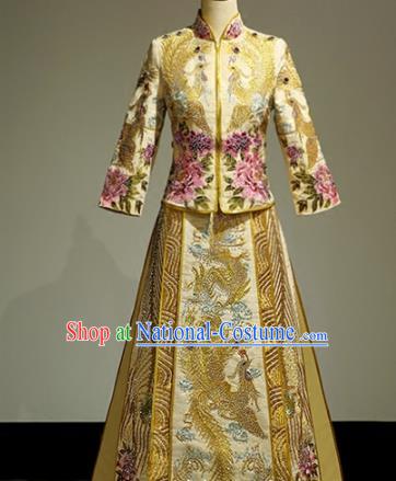 Chinese Traditional Wedding Golden Xiuhe Suit Ancient Longfeng Flown Bride Embroidered Cheongsam Dress for Women