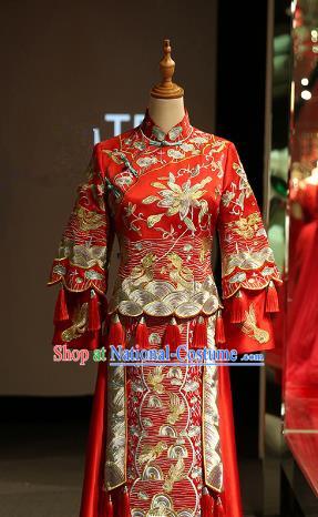 Chinese Traditional Bride Red Xiuhe Suit Ancient Longfeng Flown Embroidered Wedding Cheongsam Dress for Women