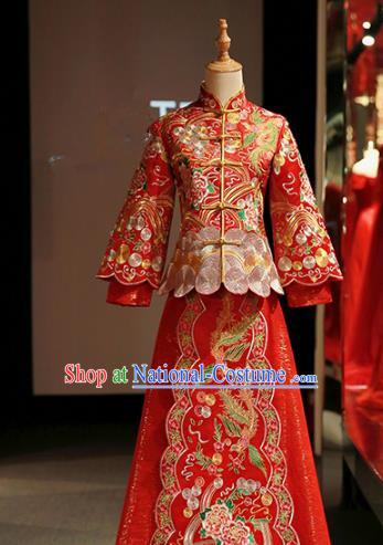 Chinese Traditional Bride Red Xiuhe Suit Ancient Longfeng Flown Embroidered Peony Wedding Cheongsam Dress for Women