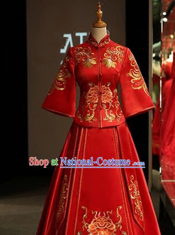 Chinese Traditional Bride Xiuhe Suit Ancient Longfeng Flown Embroidered Peony Wedding Cheongsam Dress for Women