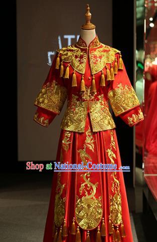 Chinese Traditional Bride Xiuhe Suit Ancient Wedding Longfeng Flown Embroidered Cheongsam Dress for Women