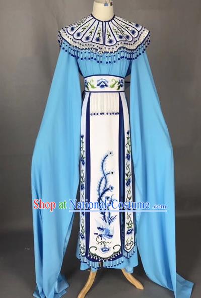 Chinese Peking Opera Actress Blue Dress Traditional Beijing Opera Princess Embroidered Costumes for Adults