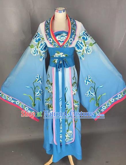 Chinese Traditional Peking Opera Diva Blue Embroidered Dress Ancient Imperial Consort Costume for Adults