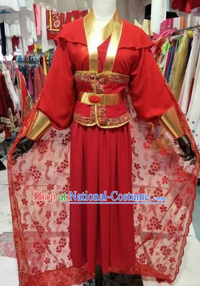 Chinese Traditional Peking Opera Actress Red Embroidered Dress Ancient Swordswoman Costume for Adults