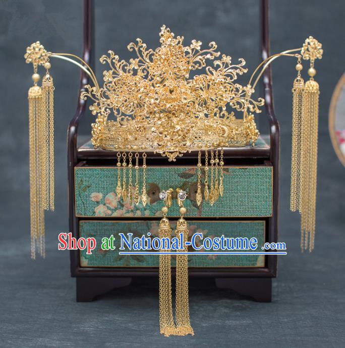 Chinese Ancient Hanfu Wedding Hair Accessories Traditional Golden Phoenix Coronet Hairpins for Women