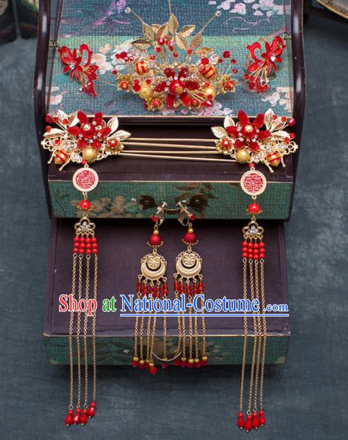 Chinese Ancient Hanfu Wedding Hair Accessories Traditional Red Flowers Phoenix Coronet Hairpins for Women