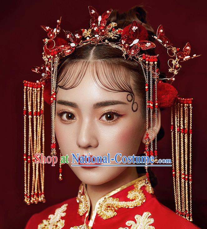 Chinese Ancient Hanfu Wedding Red Butterfly Phoenix Coronet Hair Accessories Traditional Hairpins for Women