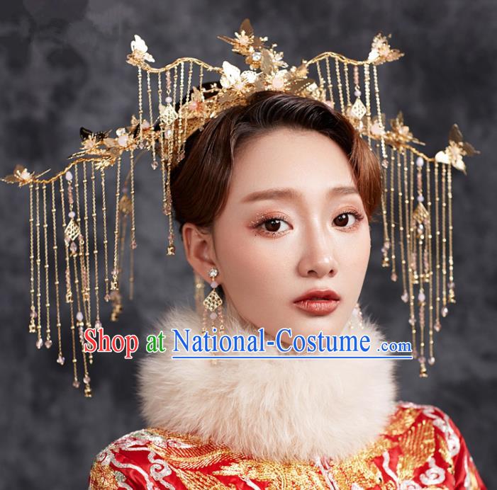 Chinese Ancient Hanfu Wedding Tassel Phoenix Coronet Hair Accessories Traditional Hairpins for Women