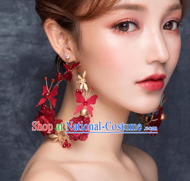 Top Grade Bride Wedding Accessories Red Rose Earrings for Women