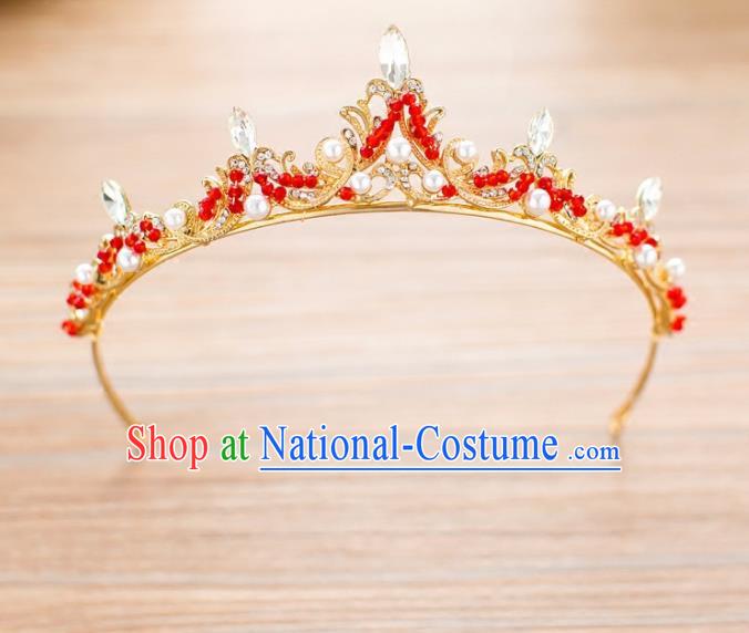 Top Grade Bride Hair Accessories Red Beads Crystal Royal Crown Headwear for Women