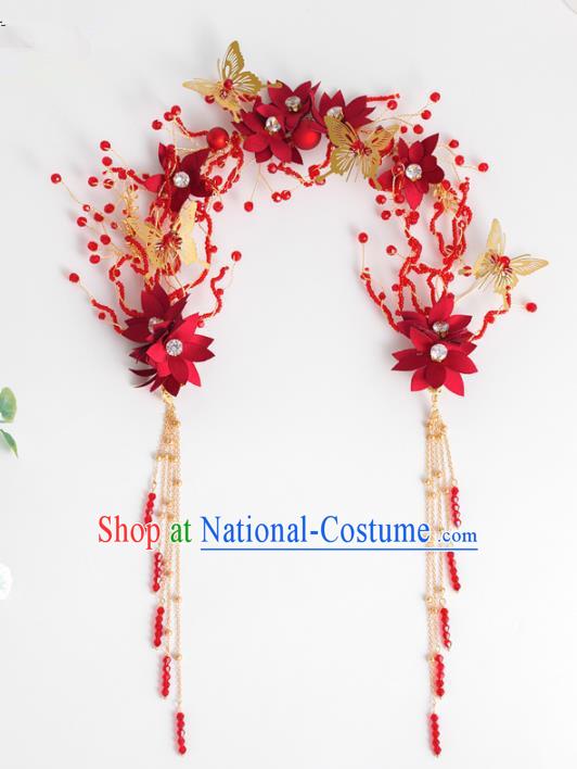 Chinese Ancient Hanfu Wedding Red Flowers Hair Clasp Hair Accessories Traditional Tassel Hairpins for Women