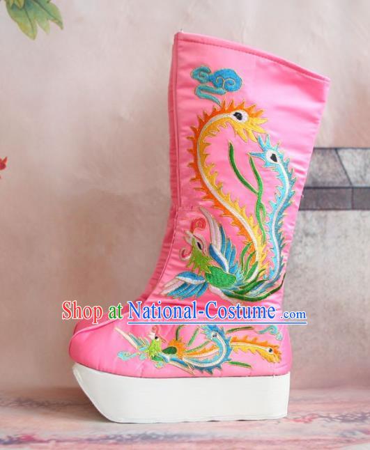 Chinese Traditional Beijing Opera Emperor Shoes Beijing Opera Takefu Pink Embroidered Boots for Men