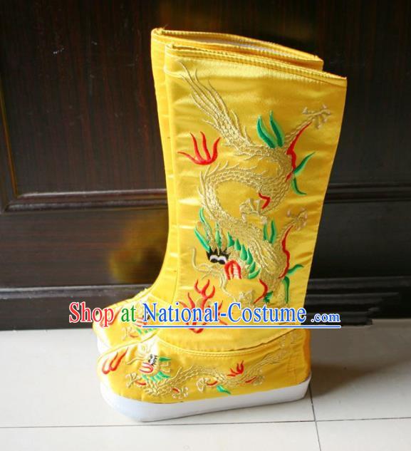 Chinese Traditional Beijing Opera Emperor Shoes Beijing Opera Takefu Yellow Embroidered Boots for Men