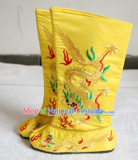 Chinese Traditional Beijing Opera Shoes Beijing Opera Takefu Yellow Embroidered Boots for Men