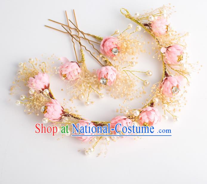 Top Grade Bride Wedding Hair Accessories Pink Flowers Hair Clasp for Women