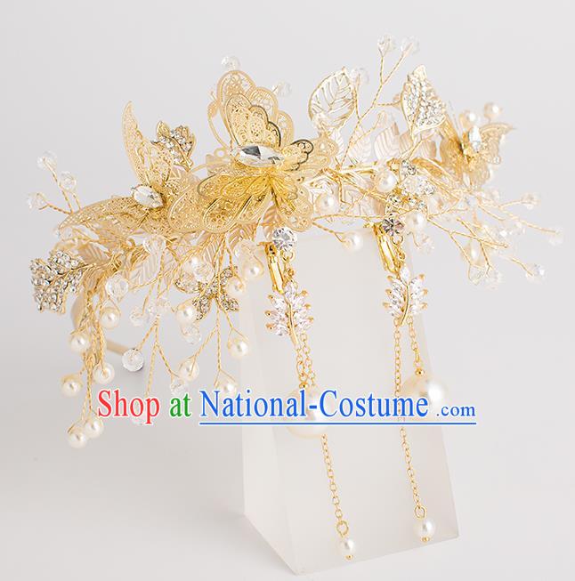 Top Grade Bride Wedding Hair Accessories Golden Butterfly Pearls Hair Clasp for Women