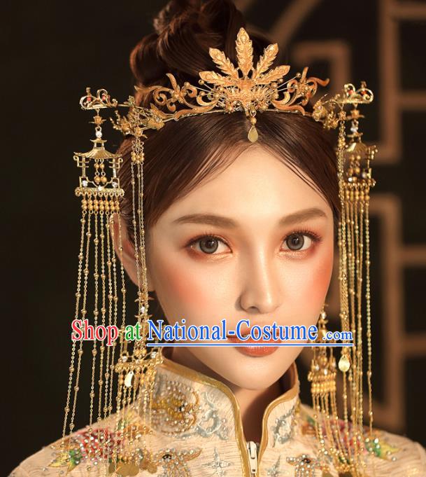 Chinese Ancient Golden Tassel Step Shake Wedding Hair Accessories Phoenix Coronet Traditional Hairpins for Women