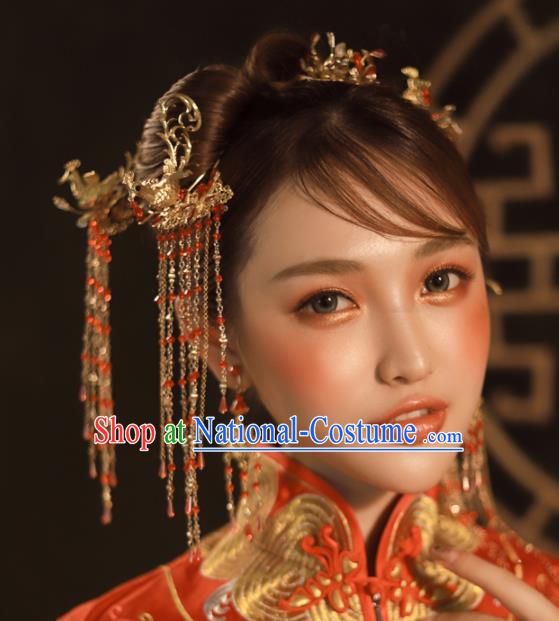 Chinese Ancient Golden Tassel Step Shake Wedding Hair Accessories Traditional Phoenix Hairpins for Women