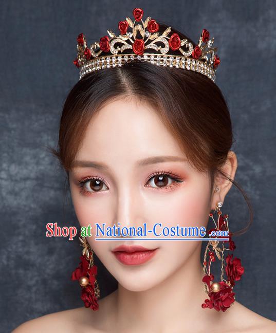 Top Grade Wedding Hair Accessories Bride Retro Red Rose Royal Crown for Women