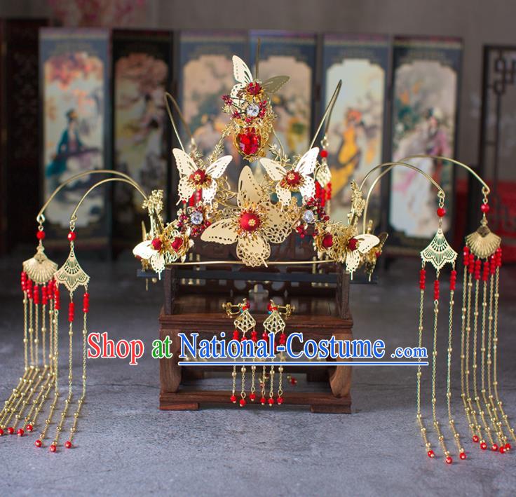 Chinese Ancient Tassel Butterfly Phoenix Coronet Wedding Hair Accessories Traditional Hairpins for Women