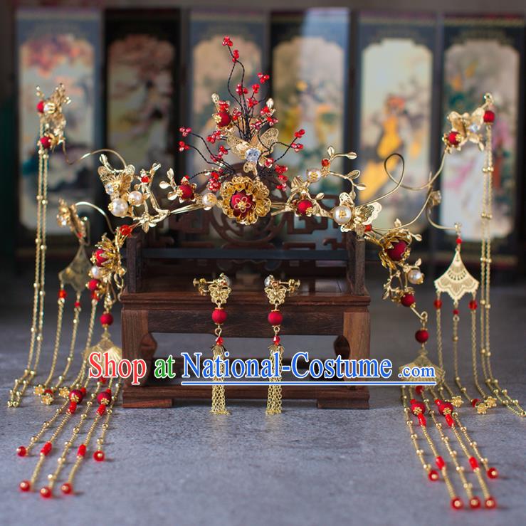 Chinese Ancient Red Beads Phoenix Coronet Wedding Hair Accessories Traditional Hairpins for Women