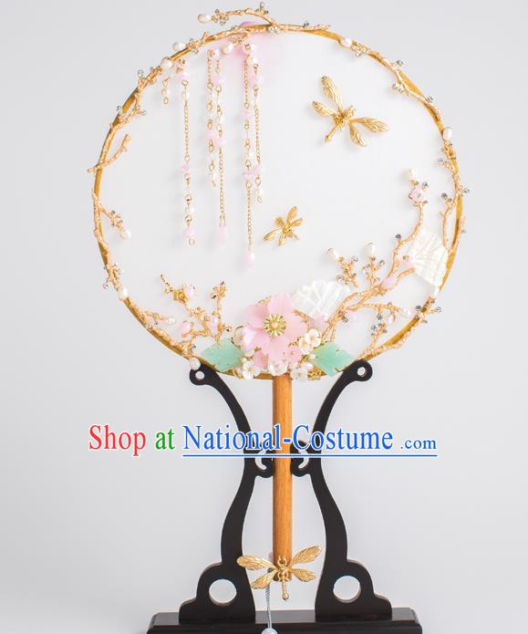 Chinese Traditional Palace Fans Ancient Bride Wedding Golden Dragonfly Round Fans for Women