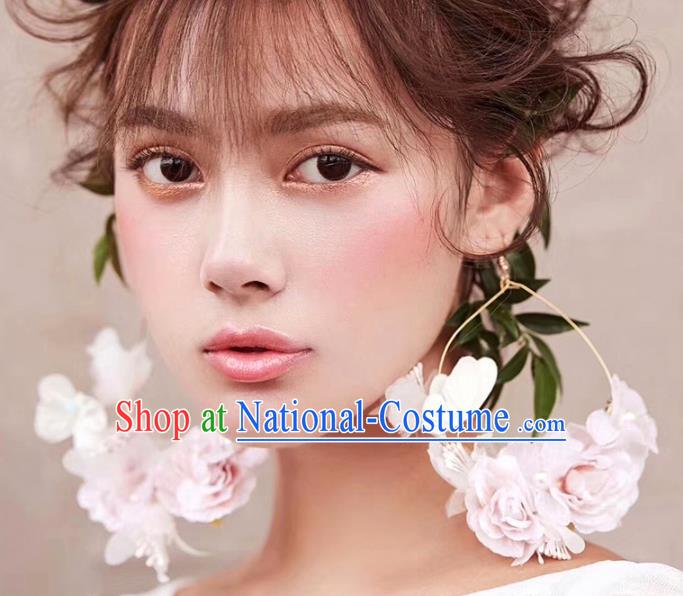 Top Grade Bride Wedding Accessories Pink Flowers Earrings for Women