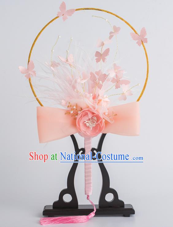 Chinese Traditional Palace Fans Ancient Bride Wedding Pink Feather Flower Round Fans for Women