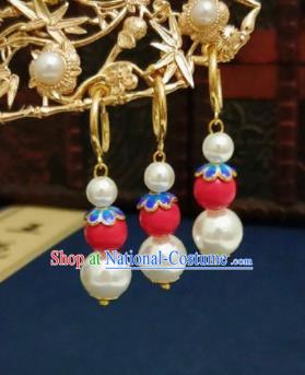 Chinese Ancient Red and White Beads Earrings Qing Dynasty Manchu Palace Lady Ear Accessories for Women