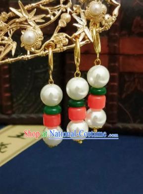 Chinese Ancient White Pearls Earrings Qing Dynasty Manchu Palace Lady Ear Accessories for Women