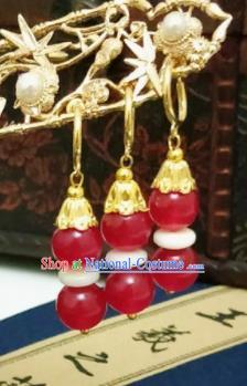 Chinese Ancient Red Beads Earrings Qing Dynasty Manchu Palace Lady Ear Accessories for Women