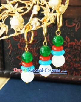 Chinese Ancient White and Green Beads Earrings Qing Dynasty Manchu Palace Lady Three Strings Ear Accessories for Women