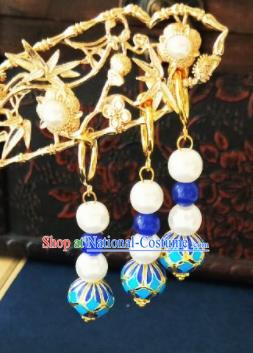 Chinese Ancient Blueing Beads Earrings Qing Dynasty Manchu Palace Lady Three Strings Ear Accessories for Women