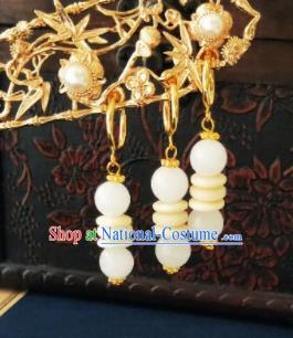 Chinese Ancient Jade Beads Earrings Qing Dynasty Manchu Palace Lady Three Strings Ear Accessories for Women