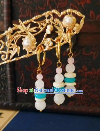 Chinese Ancient Three Strings Jade Beads Earrings Qing Dynasty Manchu Palace Lady Ear Accessories for Women