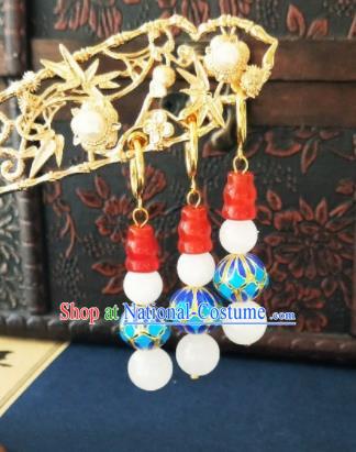 Chinese Ancient Three Strings Blueing Beads Earrings Qing Dynasty Manchu Palace Lady Ear Accessories for Women