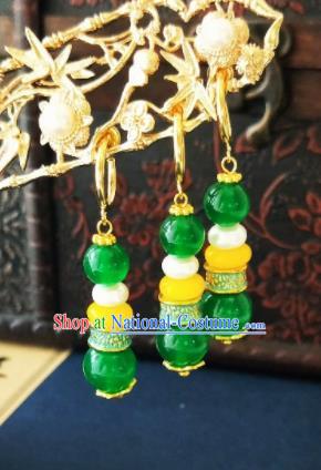 Chinese Ancient Three Strings Green Beads Earrings Qing Dynasty Manchu Palace Lady Ear Accessories for Women