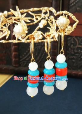 Chinese Ancient Three Strings Beads Earrings Qing Dynasty Manchu Palace Lady Ear Accessories for Women