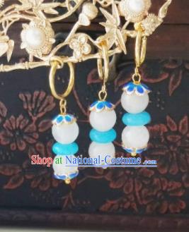 Chinese Ancient Earrings Qing Dynasty Manchu Palace Lady Three Strings Blue Beads Ear Accessories for Women