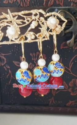 Chinese Ancient Earrings Qing Dynasty Manchu Palace Lady Three Strings Cloisonne Ear Accessories for Women