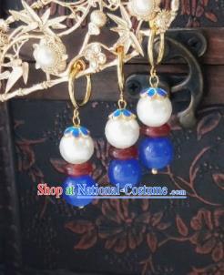 Chinese Ancient Earrings Qing Dynasty Manchu Palace Lady Three Strings Cloisonne Blue Beads Ear Accessories for Women