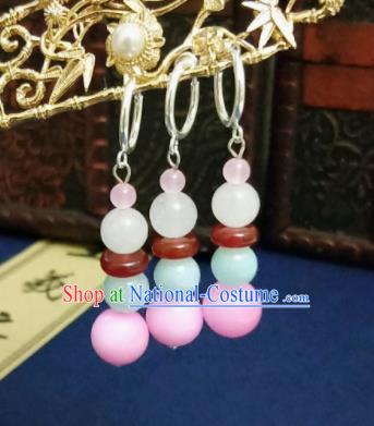 Chinese Ancient Earrings Qing Dynasty Manchu Palace Lady Three Strings Pink Beads Ear Accessories for Women