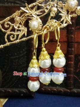 Chinese Ancient Agate Earrings Qing Dynasty Manchu Palace Lady Three Strings Beads Ear Accessories for Women